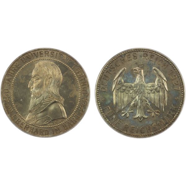 GERMANY: Weimar Republic, AR 5 reichsmark, Stuttgart, 1927-F, PCGS MS63