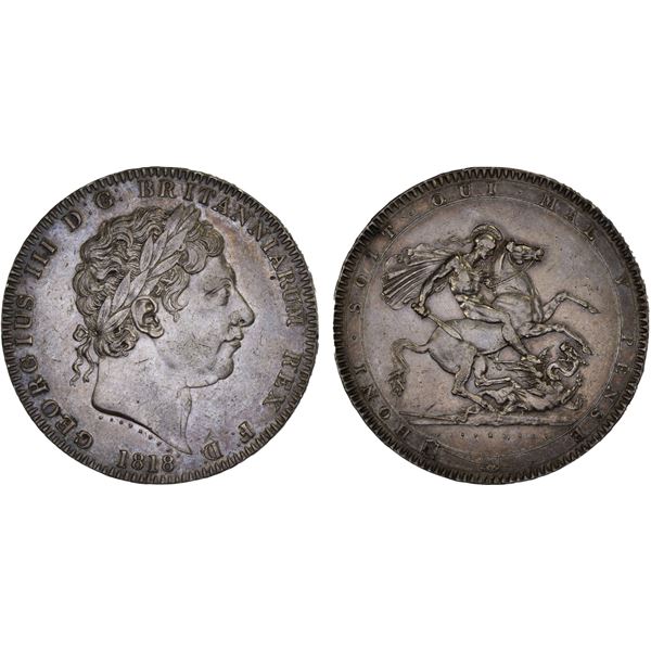 GREAT BRITAIN: George III, 1760-1820, AR crown, 1818, XF