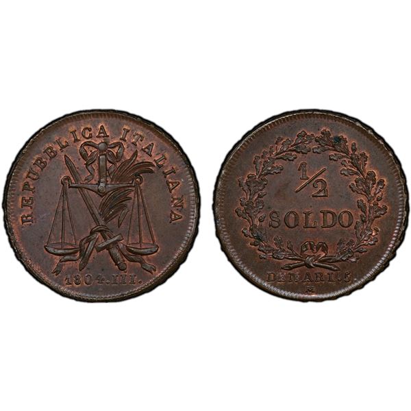 REPUBLIC OF ITALY: Napoleon, President, 1802-1805, AE 1/2 soldo, Milan, 1804 year III, PCGS Specimen