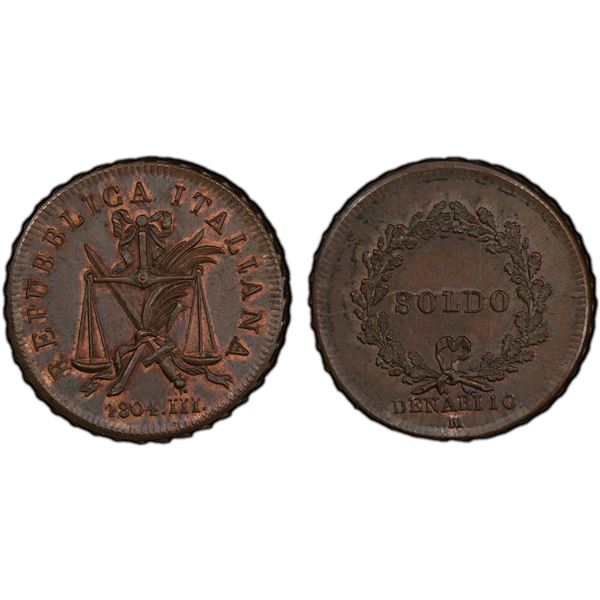 REPUBLIC OF ITALY: Napoleon, President, 1802-1805, AE soldo, Milan, 1804 year III, PCGS Specimen 64 