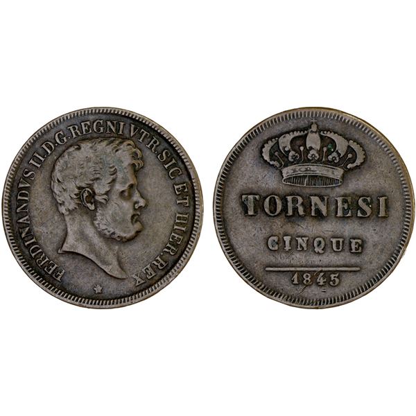 NAPLES: Ferdinando II, 1830-1859, AE 5 tornesi, 1845, F-VF