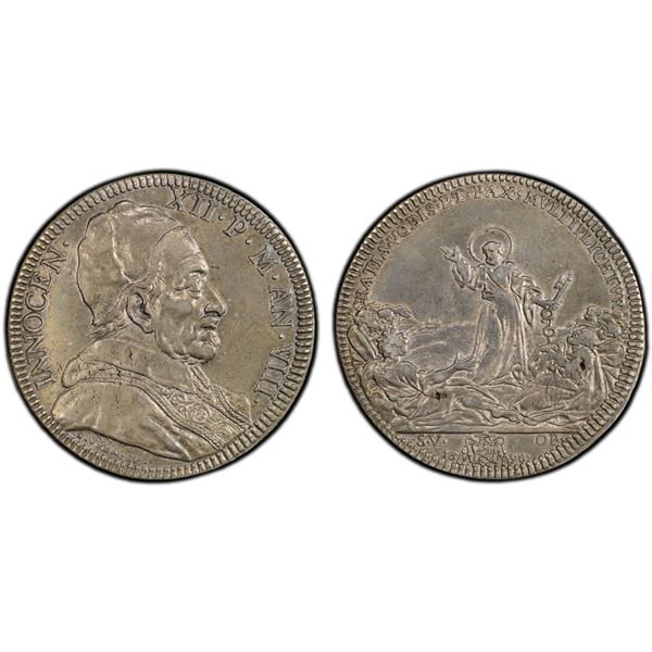 PAPAL STATES: Innocent XII, 1691-1700, AR piastra (scudo of 80 bolognini), 1698 year VIII, PCGS AU53