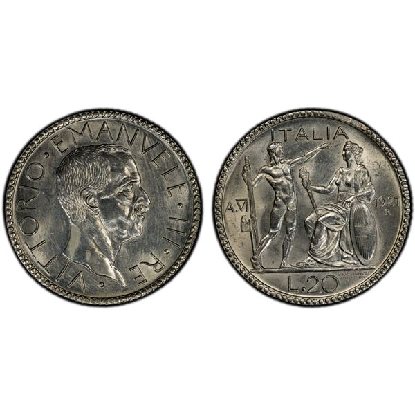 ITALY: Vittorio Emanuele III, 1900-1946, AR 20 lire, 1927-R, PCGS AU details