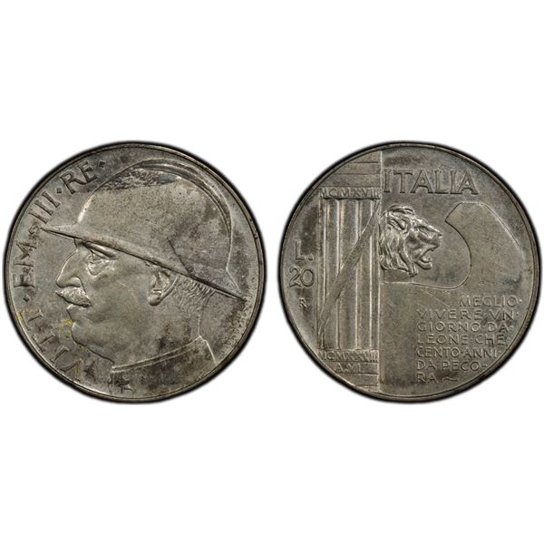 ITALY: Vittorio Emanuele III, 1900-1946, AR 20 lire, 1928-R year VI, PCGS AU53