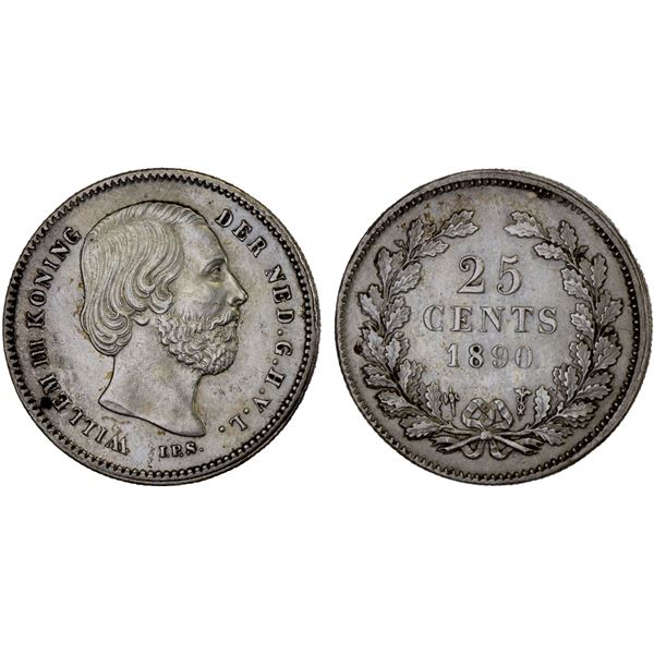 NETHERLANDS: Willem III, 1849-1890, AR 25 cents, 1890, AU