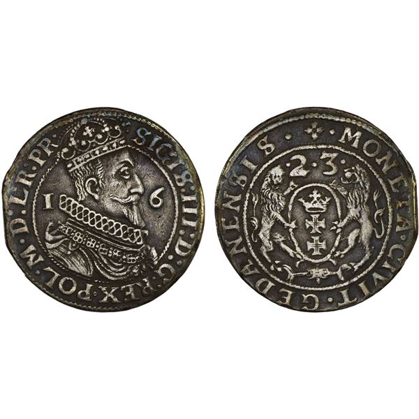 POLAND: DANZIG: Sigismund III, 1587-1632, AR ort (1/4 thaler, 10 groszy), 1623, VF