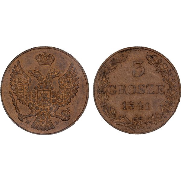 POLAND: Nicholas I, 1825-1855, AE 3 grosze, 1841-MW, PCGS MS64 RD