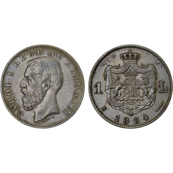 ROMANIA: Carol I, as King, 1881-1914, AR leu, Bucharest, 1884-B, XF