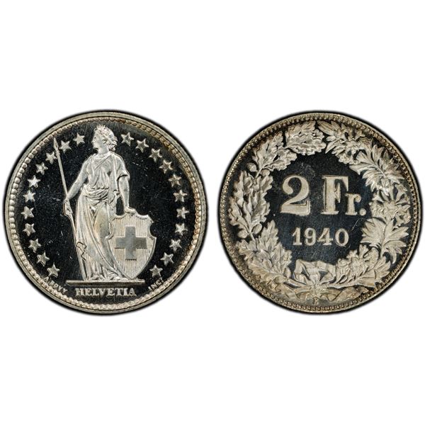 SWITZERLAND: Confederation, AR 2 francs, 1940-B, PCGS Specimen 67