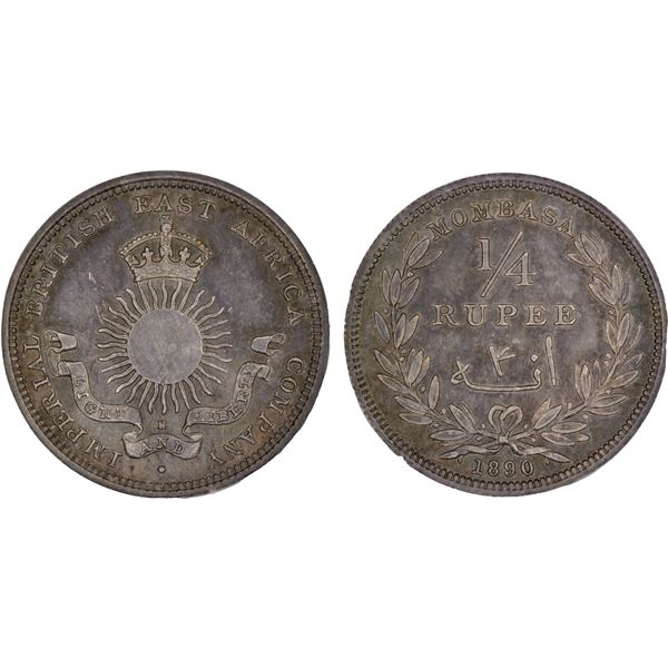 MOMBASA: British Colony, AR 1/4 rupee, 1890-H, NGC MS64