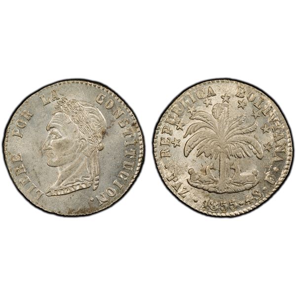 BOLIVIA: Republic, AR 4 soles, La Paz, 1855, PCGS MS63