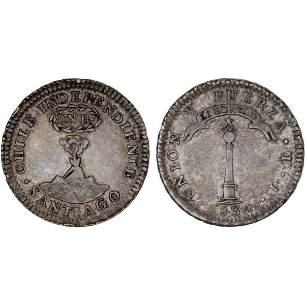 CHILE: Republic, AR real, Santiago, 1834, Choice XF