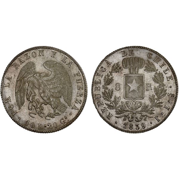 CHILE: Republic, AR 8 reales, 1839-So, Choice AU