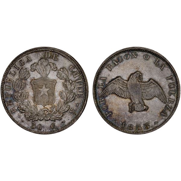 CHILE: Republic, AR 50 centavos, 1855-So, AU