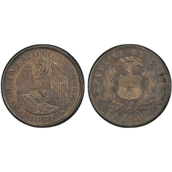 CHILE: Republic, AR 20 centavos, 1875-So, PCGS AU58