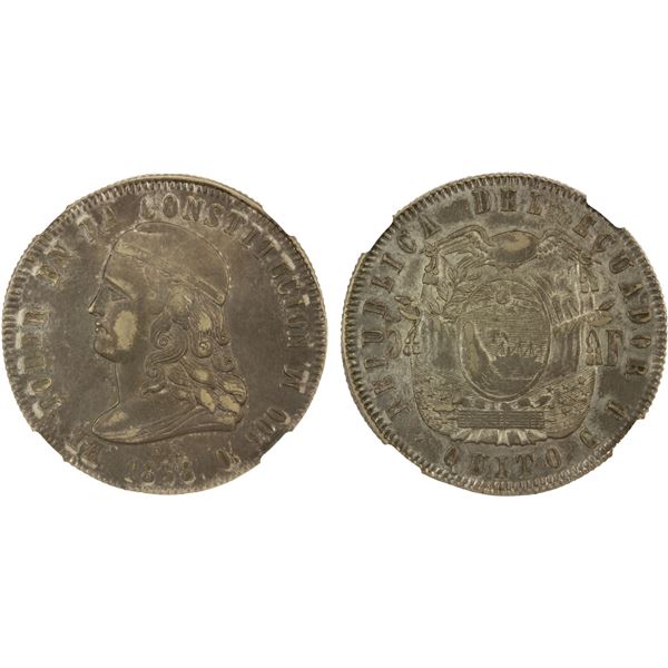 ECUADOR: Republic, AR 5 francos, Quito, 1858, NGC AU53