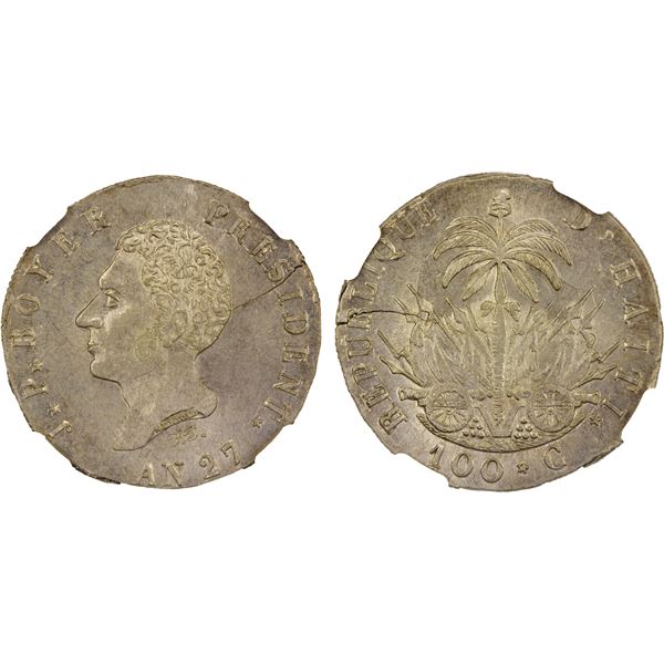 HAITI: Republic, 1825-1849, AR 100 centimes, 1830/AN 27, NGC MS63