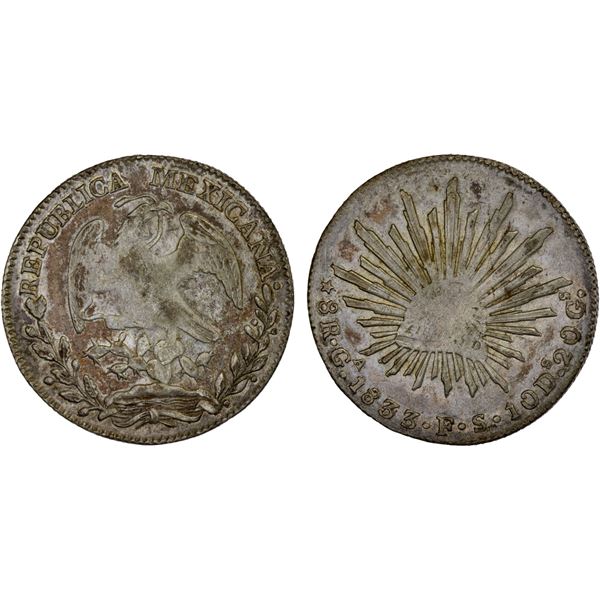 MEXICO: Republic, AR 8 reales (27.00g), Guadalajara, 1833-Ga, XF