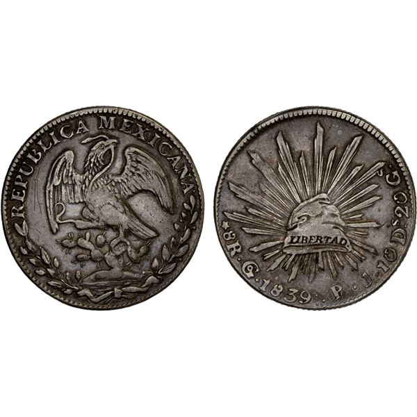 MEXICO: Republic, AR 8 reales (26.77g), Guanajuato, 1839-Go, XF