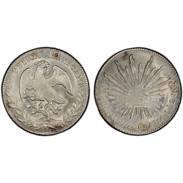 MEXICO: Republic, AR 8 reales, Guadalajara, 1877/6-Ga, PCGS MS62