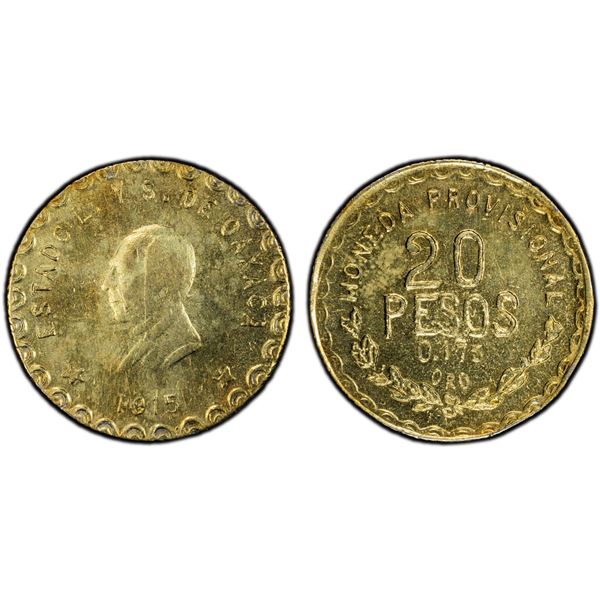 MEXICO: Revolutionary Issue, AV 20 pesos, Oaxaca, 1915, PCGS AU details