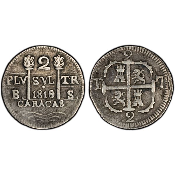 VENEZUELA: Fernando VII, 1808-1821, AR 2 reales, Caracas, 1818, PCGS VF details