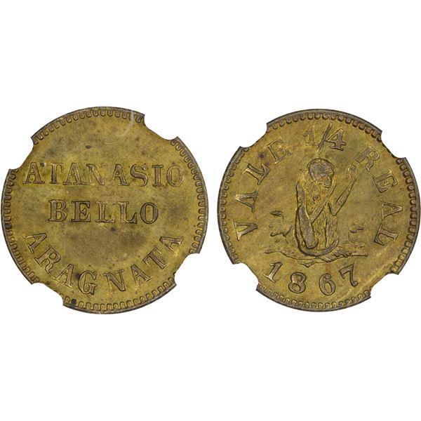 VENEZUELA: Hacienda Araguata, 1/4 real, 1867, NGC MS65