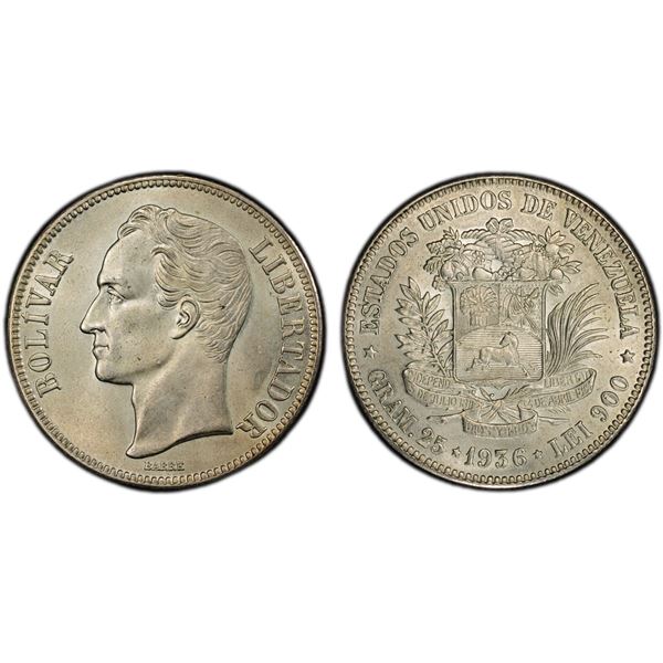 VENEZUELA: Republic, AR 5 bolivares, 1936, PCGS MS65