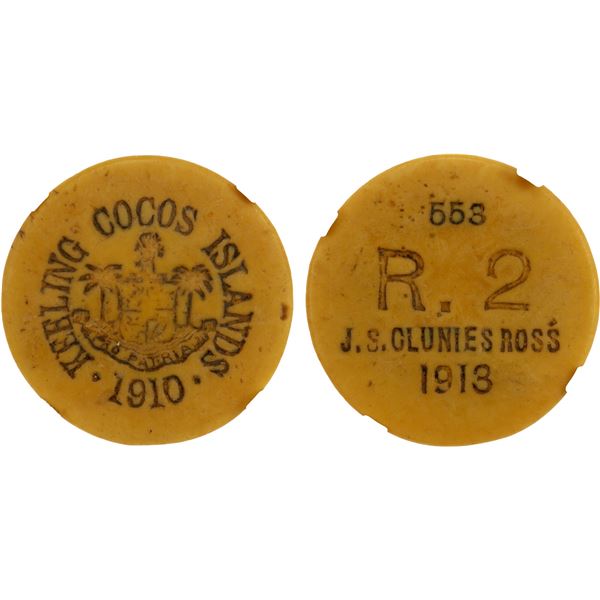 KEELING-COCOS ISLANDS: John S. Clunies-Ross, 1910-1944, 2 rupees token, 1913, NGC VF30