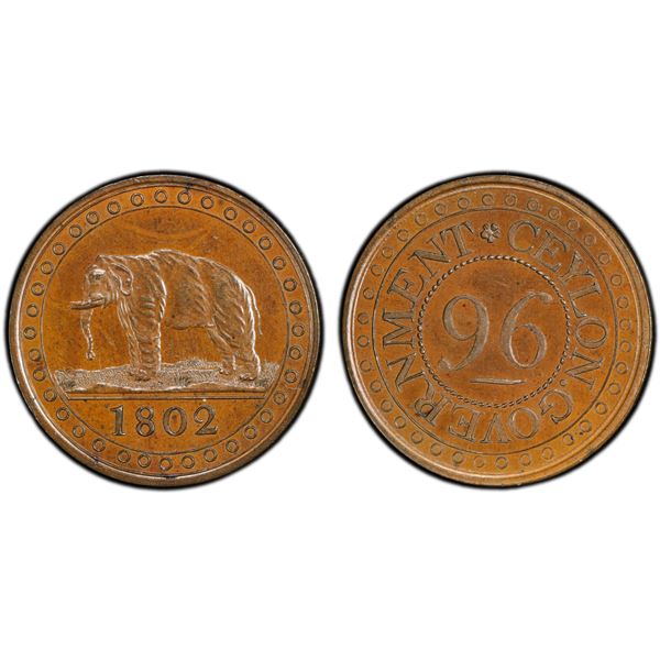 CEYLON: George III, 1760-1820, AE 1/96 rixdollar, 1802, PCGS PF65 BN