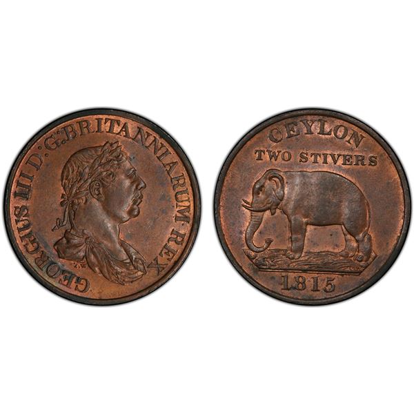 CEYLON: George III, 1760-1820, AE 2 stivers, 1815, PCGS MS64 RB