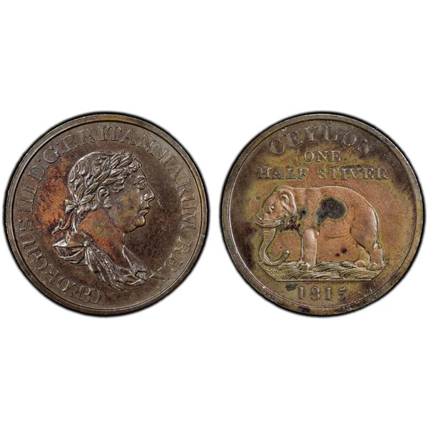 CEYLON: George III, 1760-1820, AE 1/2 stiver, 1815, PCGS MS62 BN