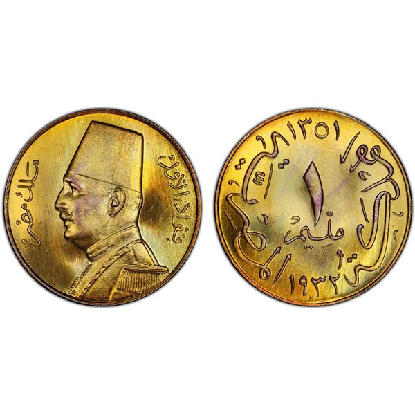 EGYPT: Fuad I, King, 1922-1936, AE millieme, 1932/AH1351, PCGS Specimen 66 RB