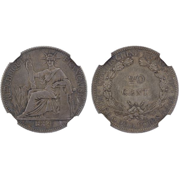 FRENCH COCHINCHINA: French Colony, AR 20 cents, Paris, 1884-A, NGC MS62