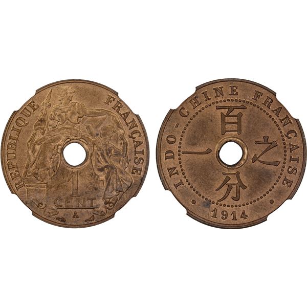FRENCH INDOCHINA: French Colony, AE centime, Paris, 1914-A, NGC MS65 RB