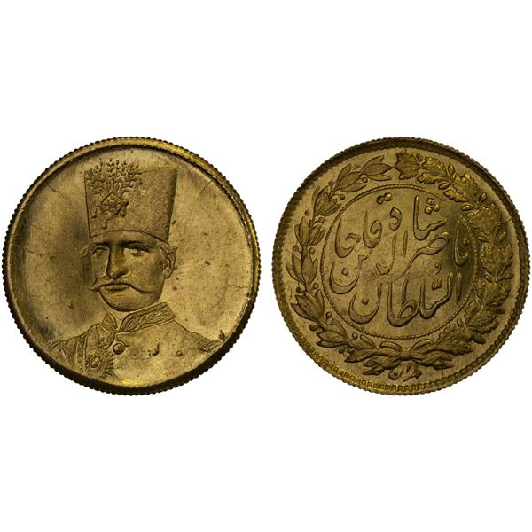 IRAN: Nasir al-Din Shah, 1848-1896, AV 5000 dinars (1.43g), Tehran, ND, boldly lustrous Unc