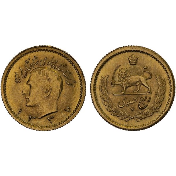 IRAN: Muhammad Reza Shah, 1941-1979, AV 1/4 pahlavi, SH1337, BU