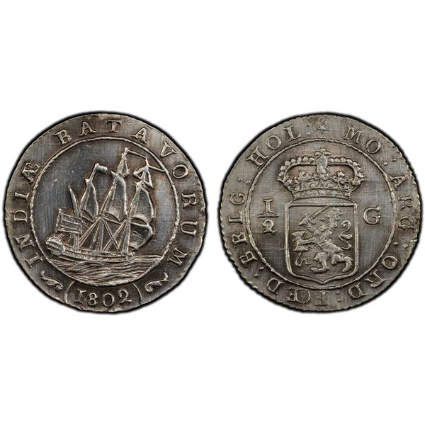 NETHERLANDS EAST INDIES: Batavian Republic, AR 1/2 gulden, 1802, PCGS Unc details