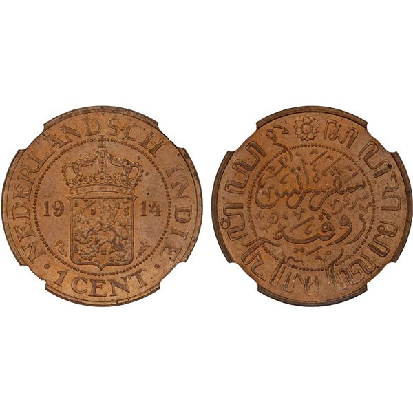 NETHERLANDS EAST INDIES: Dutch Colony, AE cent, Utrecht, 1914, NGC MS65 RD