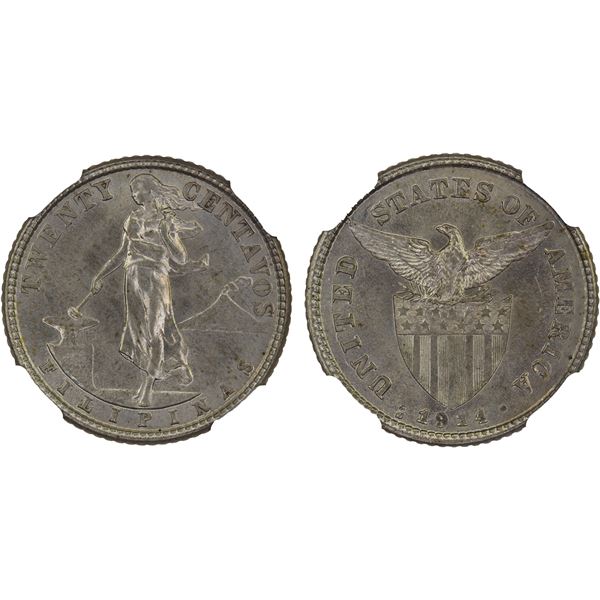 PHILIPPINES: U.S. Territory, AR 20 centavos, 1914-S, NGC MS63