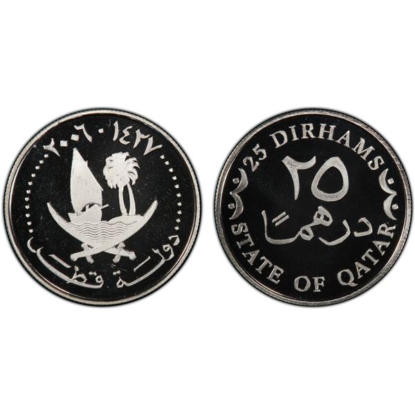 QATAR: Hamad b. Khalifa al-Thani, 1995-2013, AR 25 dirhams, 2006/AH1427, PCGS PF69 Deep Cameo