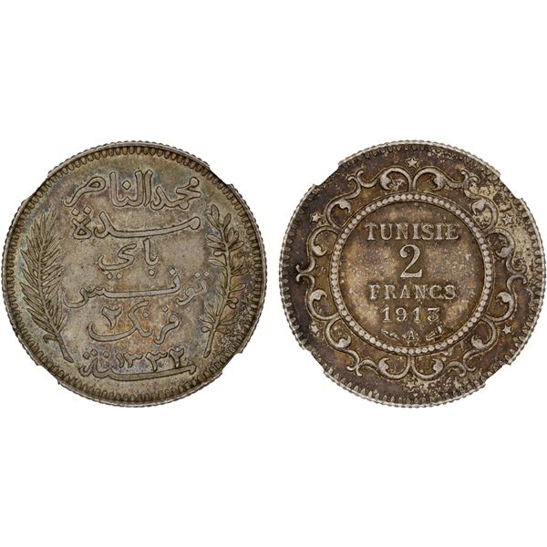 TUNISIA: Muhammad al-Nasir Bey, 1906-1922, AR 2 francs, 1913/AH1332-A, NGC AU55