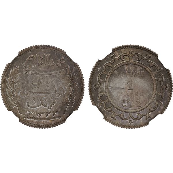 TUNISIA: French Colony, AR franc, Paris, 1914/AH1333-A, NGC MS66