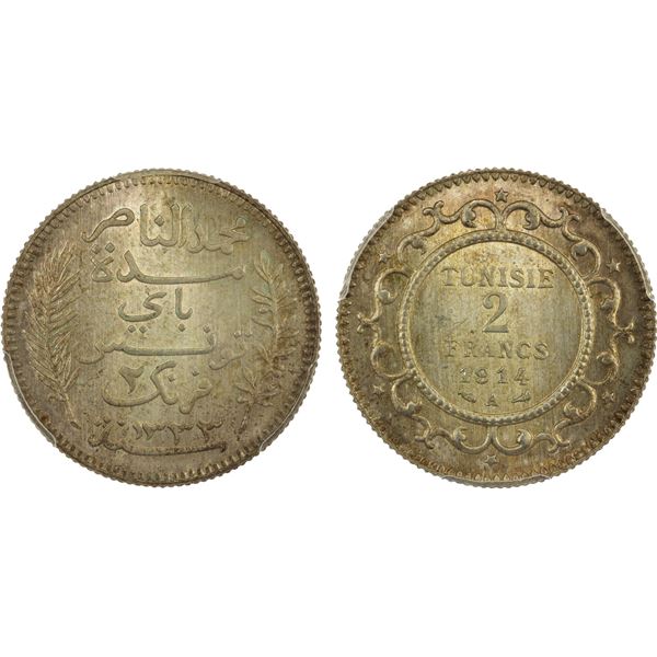 TUNISIA: French Colony, AR 2 francs, Paris, 1914/AH1333-A, PCGS MS66