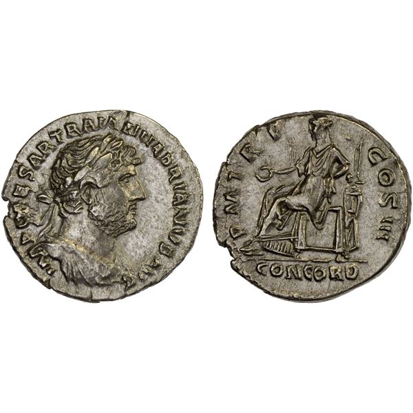 ROMAN EMPIRE: Hadrian, 117-138 AD, AR denarius (3.13g), Rome, 121-123 AD, Choice VF