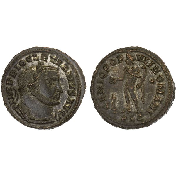 ROMAN EMPIRE: Diocletian, 284-305 AD, silvered AE follis (10.44g), Lugdunum (Lyon), 303-305 AD, XF