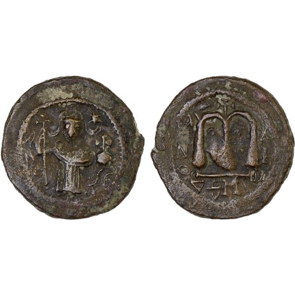 ARAB-BYZANTINE: Standing Emperor, ca. 680-700, AE fals (3.92g), 'Pseudo-Damascus", bold VF