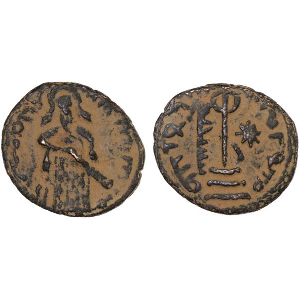 ARAB-BYZANTINE: Standing Caliph, ca. 692-697, AE fals (2.60g), Sinjar, superb VF