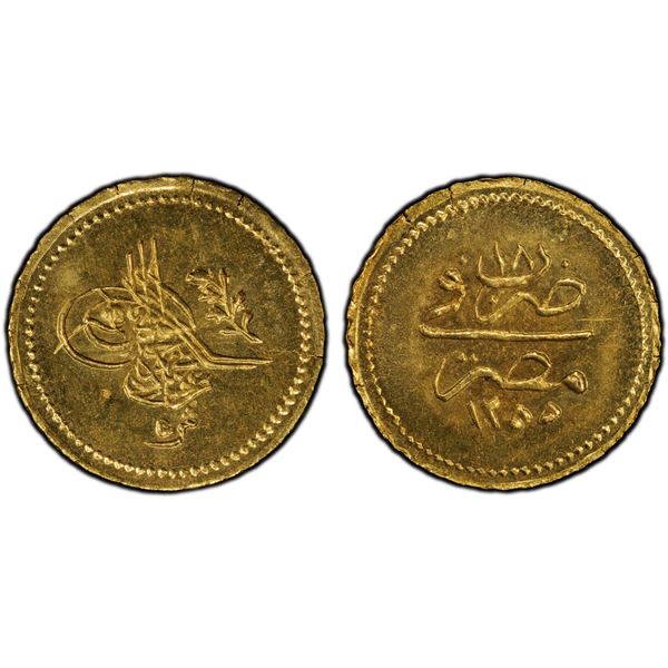 EGYPT: Abdul Mejid, 1839-1861, AV 5 qirsh (0.43g), Misr, AH1255 year 18, PCGS MS64