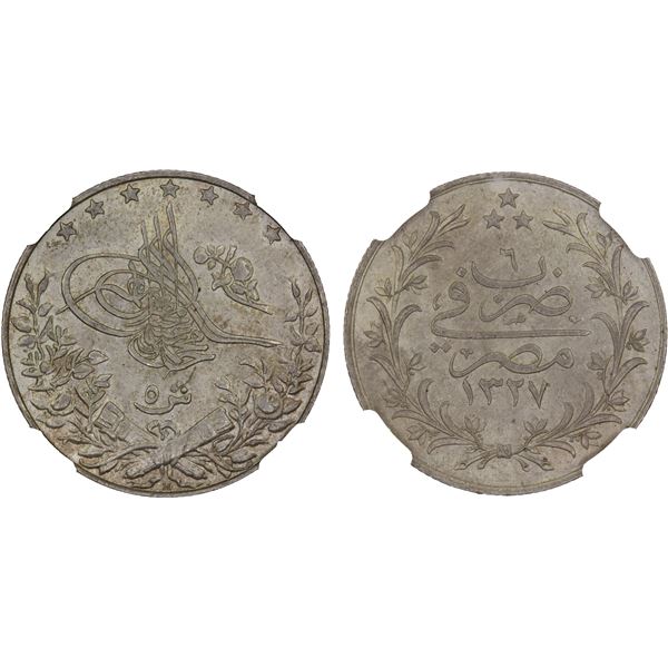 EGYPT: Muhammad V, 1909-1914, AR 5 qirsh, Misr, AH1327 year 6-H, NGC MS64